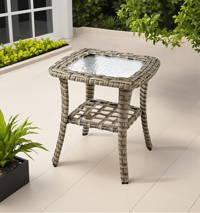 ovios Outdoor Side Table with Tempered Glass Top, Patio Wicker Rattan 2-Tier Storage Coffee End Tables for Porch Deck Balcony Garden Poolside (Mixed Brown-Small Size)