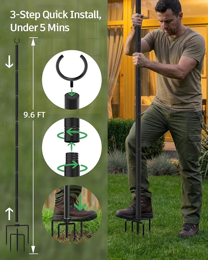 LAND·VOI Outdoor String Light Poles 1 Pack, Heavy Duty String Light Poles for Outside with 5-Prong Base & Adjustable Height, Perfect for Backyard, Patio, Garden, Fence and Party Decor