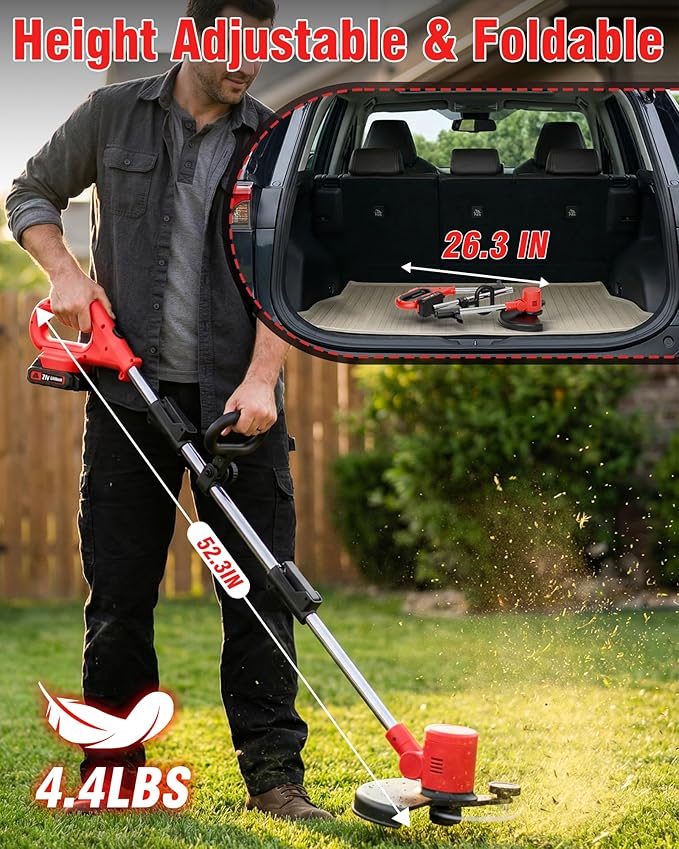 Electric Weed Wacker, 21V Weed Eater Battery Powered, Cordless String Trimmer Adjustable Height Electric Mower for Garden, Edger Lawn Tool