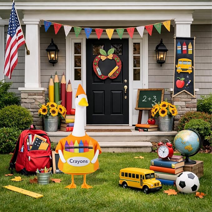 Back to School Porch Goose Outfit Crayon Goose Costume for Outdoor Decor | for 23'' Plastic/Cement Statues, Garden Lawn Patio Yard Decor School Classroom Decorations