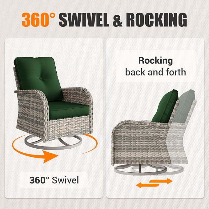 12-Piece Outdoor Patio Furniture Set with Rocking Swivel Chair, PE Wicker Rattan Sectional Sofa 55,000 BTU Fire Pit Table Patio Conversation Set with Ottomans and Chunky Arms, Green