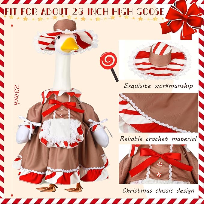 Christmas Porch Goose Outfit 23 Inch Red White Candy Goose Clothes for Cement or Plastic Geese Costume for Yard Lawn Garden Patio Outdoor Concrete Santa Duck Statue Dresses Gingerbread Holiday Decor
