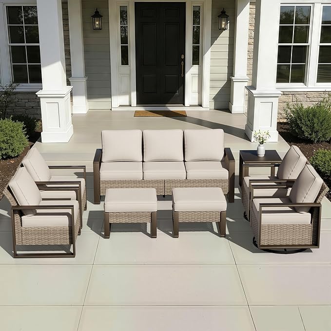 Joyside Outdoor Patio Chairs, 8 Pieces Wicker Rattan Furniture Set, 4 Patio Chairs, 1 Sofa, 2 Ottoman and 1 Table, Metal Wide Armrest, Thick Cushions and Deep Seating for Garden, Backyard, Porch