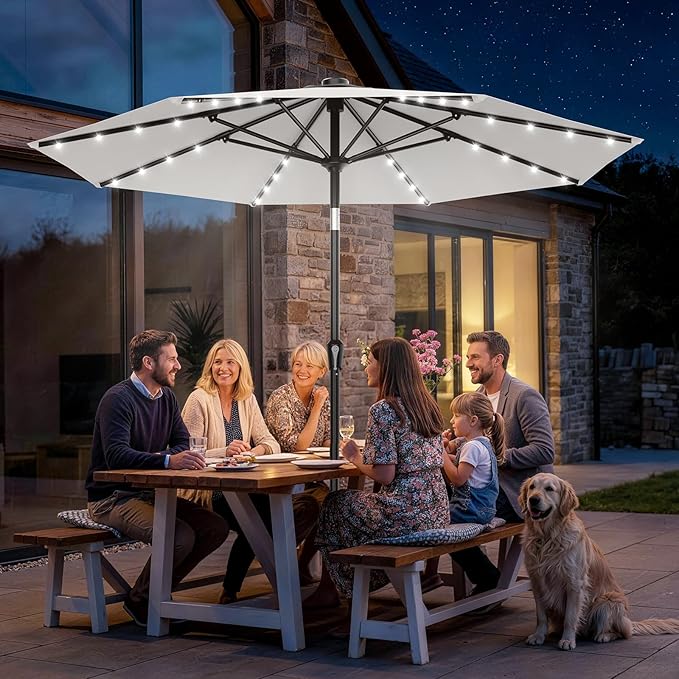 AreShark 9FT Patio Umbrella with Solar Lights, 32 Lighted Pool Umbrella w/Tilt and Crank, Outdoor Market Solar Umbrellas for Garden, Deck, Backyard, Pool and Beach, Light Gray