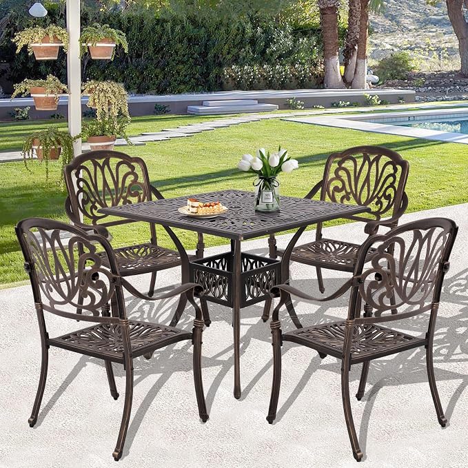 Grepatio 5 Piece Cast Aluminum Patio Dining Set Outdoor Furniture Set 4 Patterned Back Chairs and 1 Large Square Table with 2.4" Umbrella Hole Outdoor Furniture Dining Set for Patio Garden