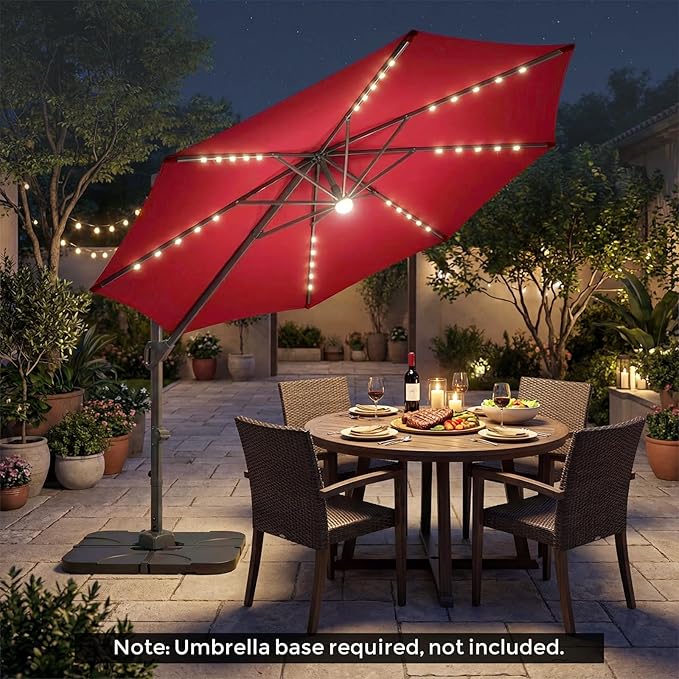 Tangkula 10ft Patio Umbrella with Solar Lights, Offset Cantilever Square Outdoor Umbrella with 35 LED Lights, Aluminum Pole, 360 Degree Rotation, Tilt Adjustment, Air Vent for Pool Deck Yard (Wine)