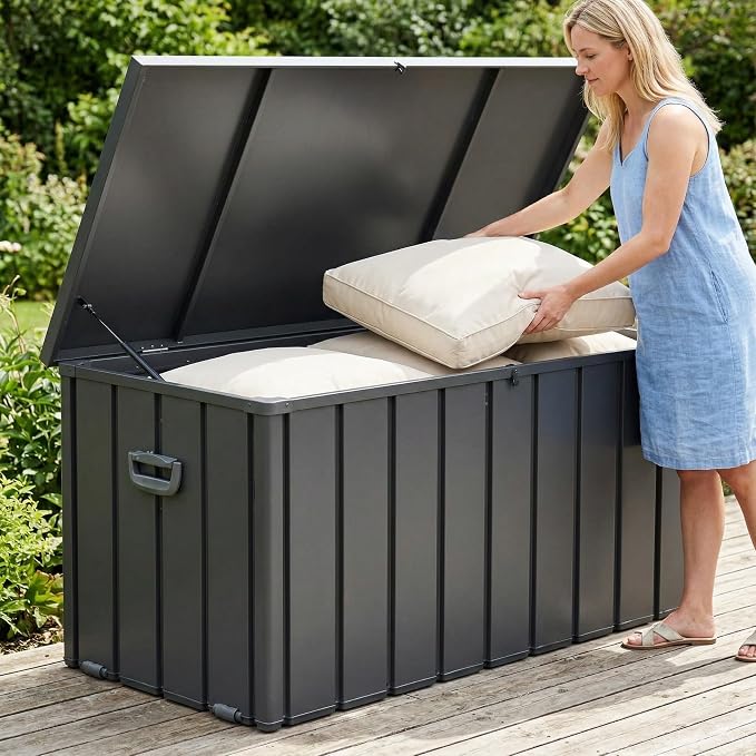 200 Gallon Outdoor Storage Deck Box with Lockable and Mobile Roller, Large Steel Container Bin with Waterproof and UV Resistant for Patio, Garden, Dark Gray