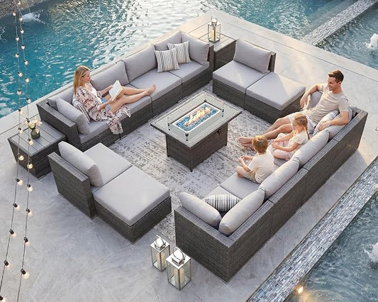 NICESOUL 15 Piece Outdoor Furniture with Fire Pit, Gray Wicker Patio Sectional with Fire Pit Table, Modular 29.3" Highback Large Size Sectional Sofa for Outside Pool Backyard, Light Gray