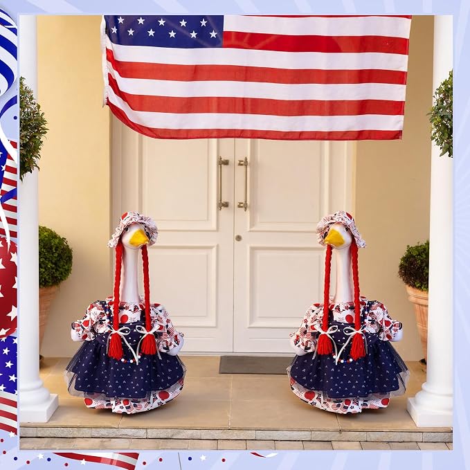 4th of July Porch Goose Outfit Patriotic Independence Goose Clothes for 23" High Cement or Plastic Geese Costume for Yard Lawn Outdoor Garden 250 Anniversary Duck Statue Dress USA American Flag Decor