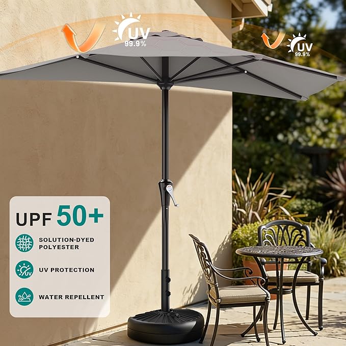 AreShark 9FT Half Patio Umbrella, Outdoor Wall Umbrella with Crank & 5 Sturdy Ribs, Table 1/2 Umbrella Patio for Garden, Deck, Balcony and Pool, Foggy Gray