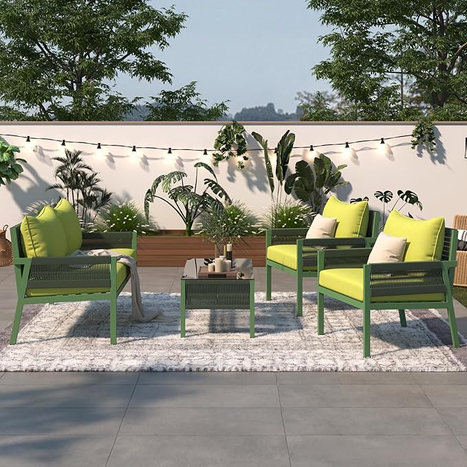 K&K 4-Piece Rope Patio Furniture Set, Outdoor Furniture with Tempered Glass Table, Patio Conversation Set Deep Seating with Thick Cushion for Backyard Porch Balcony (Fluorescent Yellow & Green)
