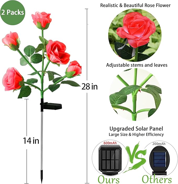 10 LED 7-Color Changing Solar Rose Flower Lights Garden Decorations Outdoor Waterproof Decorative Stake Lights for Patio Pathway Yard Lawn Decor(2 PCS Red)