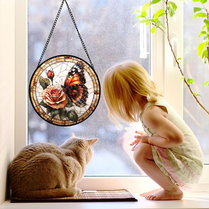 DASTOLL Stained Glass Window Hanging, Butterfly Picking Flowers Suncatcher for Doors Home Sun Catchers Decoration and Christmas, Mother's Day Birthday Gifts for Women, Men, and Mom 9.8 in