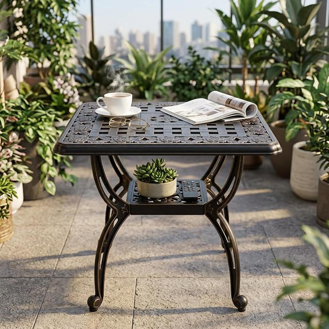Square Outdoor Coffee Table, Cast Aluminum Side Table with Storage,Indoor End Table, All-Weather Bistro Table for Patio Garden Lawn,Bronze