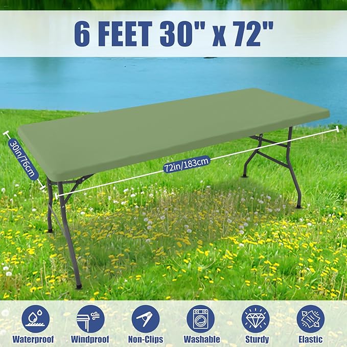 Moosfor Spandex 6 Foot Rectangle Table Cloth 2 Pack, Elastic Fitted Tablecloths for Picnic, Stretch Washable Patio Table Cover for Outdoor, Camping, Banquet and Parties(Sage Green, 30"x72")