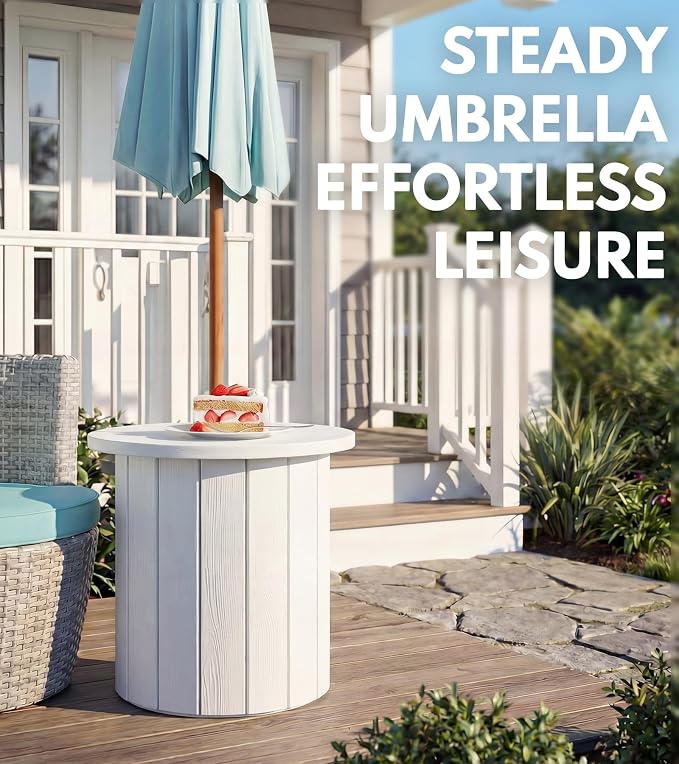 PASAMIC 2-in-1 Patio Table Umbrella & Outdoor Side Table, Large Round Small Outdoor Table with Umbrella Hole, Fits 1.5-1.9in Pole, 5Gal Water Bag Base, HDPE for Poolside, Deck, Garden Use, White