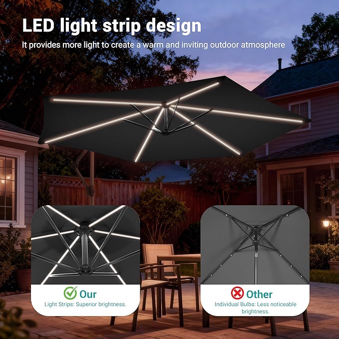 10ft Offset Patio Umbrella with Solar Light Strips,Outdoor Cantilever Hanging Umbrella with Cross Base, Fade Resistant Recycled Fabric, for Pool, Deck, Garden,Backyard,