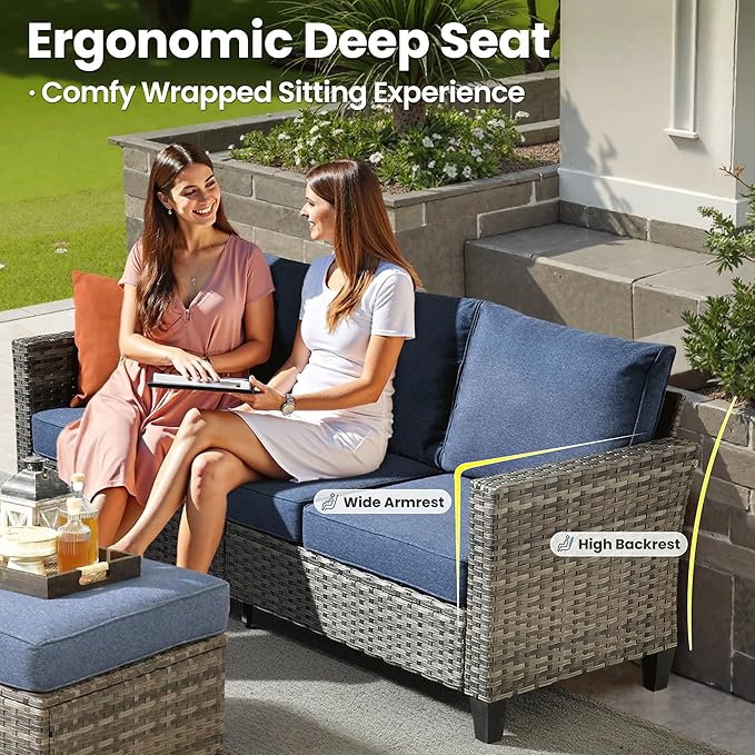 ovios 8 Pieces Patio Furniture Set, Outdoor Wicker Sofa Couch with Swivel Chairs, Rocking Glider Rocker with Comfy Cushions All Weather Rattan Conversation Set, Denim Blue