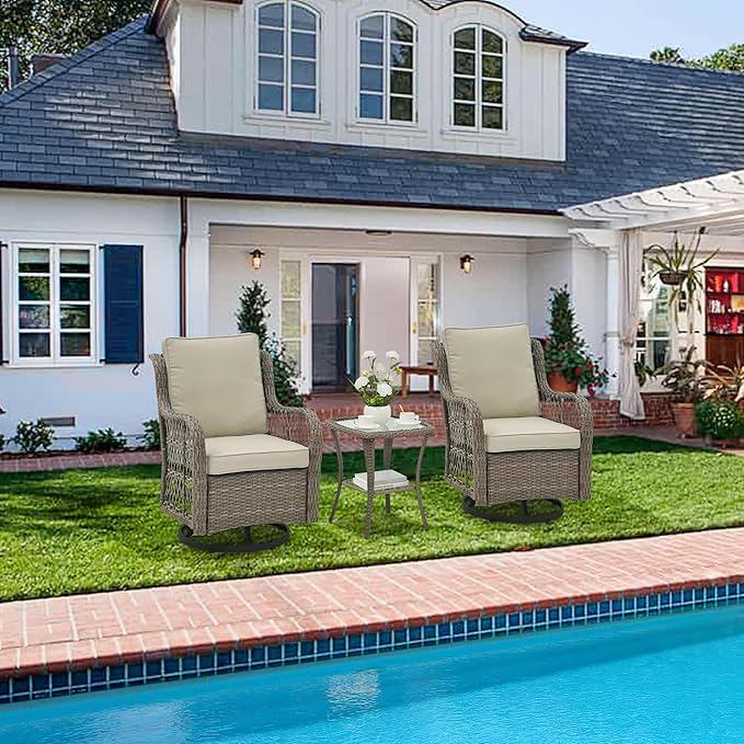GarveeHome 3 Piece Outdoor Patio Set, Wicker Rocking Bistro Set with 2 Swivel Chairs & Tempered Glass Top Table, Rattan Outdoor Furniture with Cushions for Patio Porch Backyard