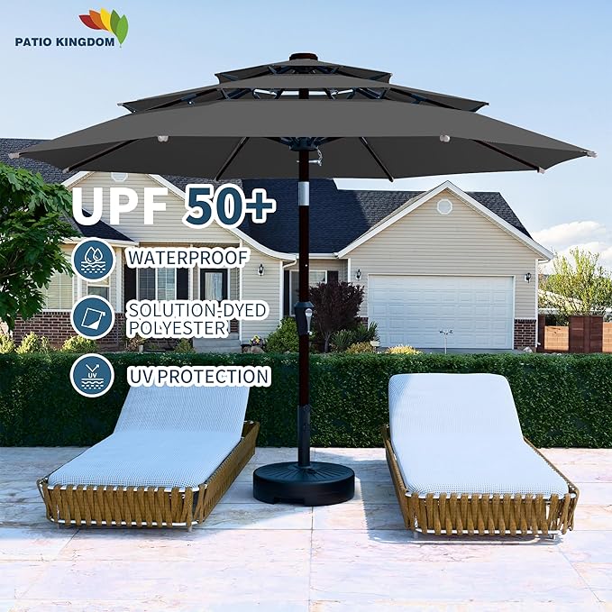 PatioKingdom 9ft 3-Tier Patio Market Umbrella with Crank/Tilt, Commercial Heavy Duty Wind Proof,Outdoor Table Umbrella with 8 Fiberglass Ribs,UPF50+ for Deck,Pool,Garden,Backyard (Gray)
