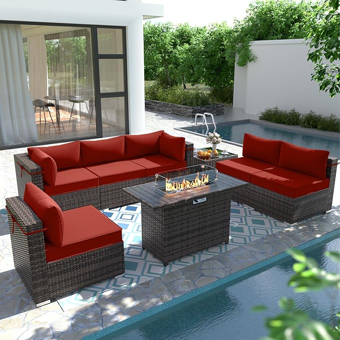 8 Piece Patio Furniture Set with 43" Fire Pit Table, Outdoor Sectional Sofa Set Heavy Duty Wicker Furniture Set with 2 Waterproof Covers