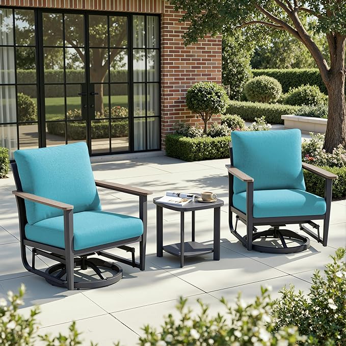 3-Piece Aluminum Patio Rocking Swivel Chair Outdoor Bistro Set, Patio Conversation Set Outdoor Patio Furniture Set with High Backrest & Thickened Cushions for Garden, Deck and Balcony, Turquoise