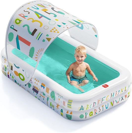 QPAU Kiddie Pool – 65" x 39" Inflatable Pool for Kids & Toddlers, Ball Pit & Baby Pool with Soft Cushioned Floor, Canopy for Sun Protection, Durable Outdoor Play Toys for Backyard & Indoor (Green)