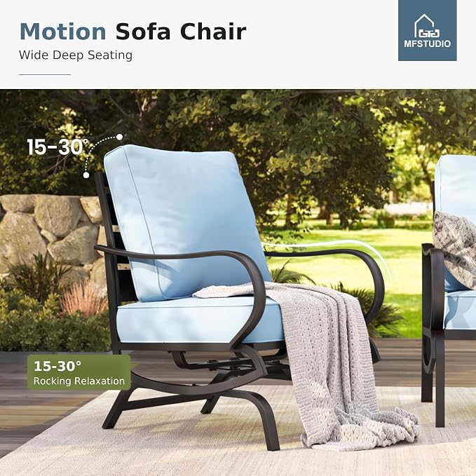MFSTUDIO 4 Pieces Patio Conversation Sets(5 Seat),Outdoor Metal Furniture Sofas with 1 Loveseat(3 Seat), 2 Rocking Chairs,1 Coffee Table,Wrought Iron with Blue Cushion for Patio Courtyard Balcony