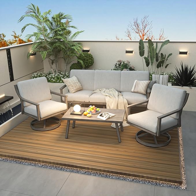 HAPPATIO 4-Piece Outdoor Patio Furniture Set for 5, Aluminum Outdoor Conversation Set Includes 1 Three-Seater Sofa, 2 Swivel Chairs, and 1 Coffee Table, Perfect for Porch, Deck, Garden, (Grey)