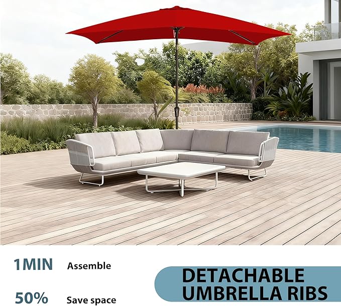 6.5x10FT Rectangular Patio Umbrella with Push Button Tilt & Crank Lift for Garden,UV Protection Outdoor Umbrella for Deck,Pool and Yard,Red