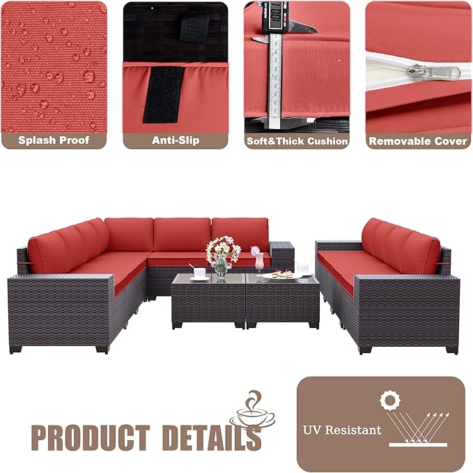 Patio Furniture Set Sofa 12-Pieces Wicker Sectional Sofa Set, Outdoor Furniture Rattan Patio Conversation Set with Thickened Cushions and Glass Coffee Table, Red