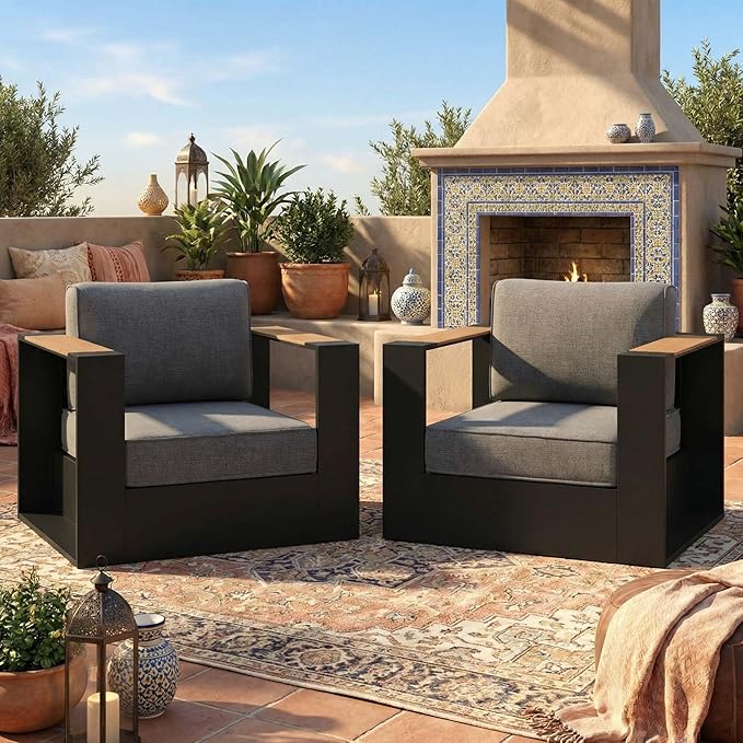 LayinSun 2 Pieces Aluminum Patio Furniture Set, Oversized Outdoor Conversation Set 2 Seats with 6" Thick Cushions for Outside Porch, Balcony, Deck