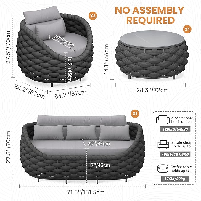 Metal Outdoor Conversation Sets: 5-Piece Aluminum Patio Furniture Set - Woven Rope Porch Sofa Set w/Coffee Table Cushions - Assembled Modern Lounge Couch for Deck Garden Yard Pool Hotel Resort