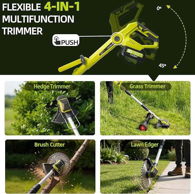 3-in-1 Cordless Weed Wacker with Wheels, 12-Inch Weed Eater Battery Powered Brush Cutter, 2x4.0Ah Batteries, LCD Display, Grass Trimmer Stringless Weed Trimmer Lawn Mower Edger