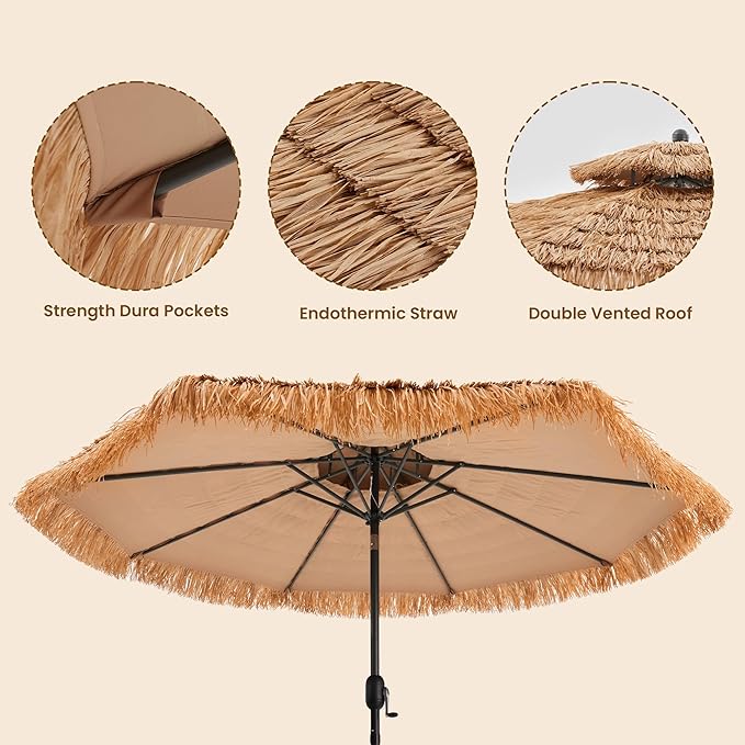 COSIEST 10FT Tiki Umbrella Outdoor Patio Hawaiian Thatched Shade With 8 Ribs Tilt Adjustment for Garden Pool Backyard Beach