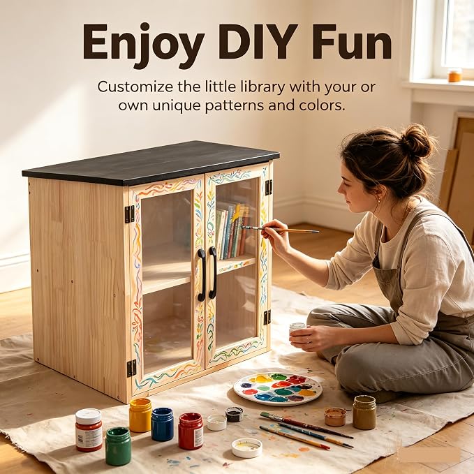 Little Outdoor Library Box, 2-Tier Waterproof Free Library Wooden Cabinet, 16x14x23 Inch Small Storage Box for DIY, Neighbourhoods, Communities and Kids to Share Books, Magazines, Artworks