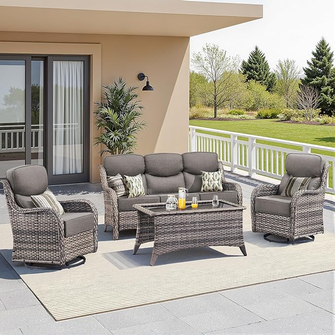 Luxury 4 Pieces Patio Furniture Set-Outdoor Swivel Rocker Patio Chairs with 6" Extra Thick Cushions, High Back Outdoor Couch and Coffee Table, Wicker Conversation Sets for Porch Deck(Grey/Grey)