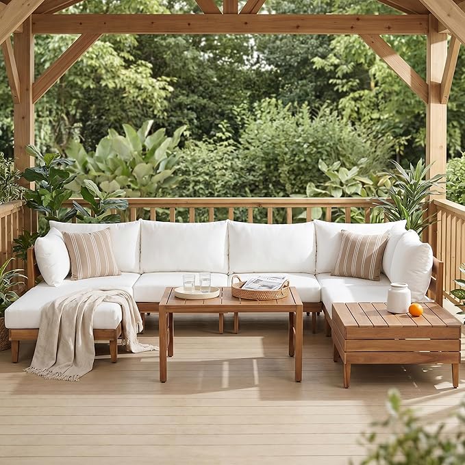 8-Piece Acacia Wood Outdoor Sectional Sofa Set, All-Weather Patio Conversation Set, Modular Sectional Furniture Set with Storage Tea Table, Coffee Table and Cushions for Backyard Poolside