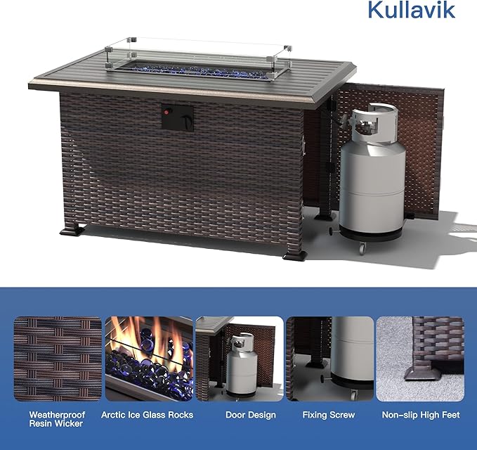 Kullavik 10 Pieces Outdoor Patio Furniture Set with 43" 55000BTU Gas Propane Fire Pit Table PE Wicker Rattan Sectional Sofa Patio Conversation Sets,Red