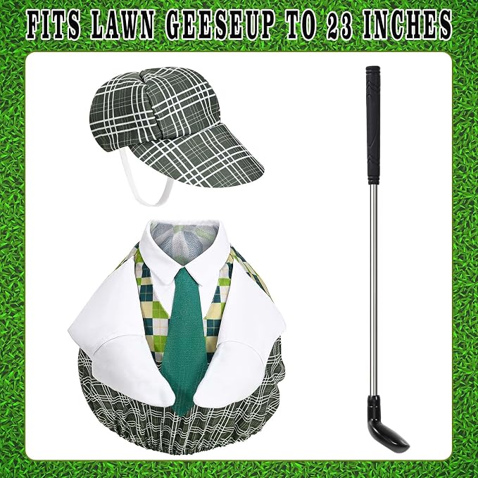 Golfer Goose Outfit for 23 Inch Porch Goose Statue Golf Clothes with Hat Tie Shirt and Club for Garden Yard Patio Decor