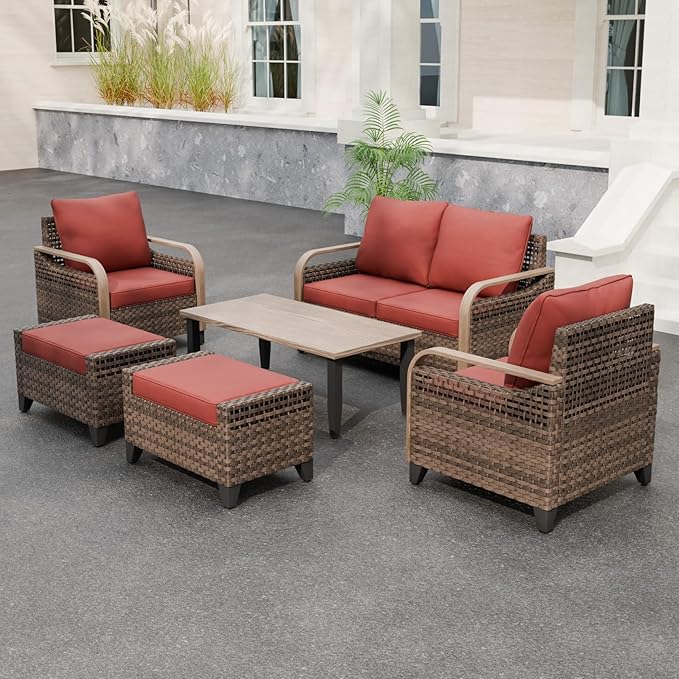 Modern Wicker Patio Furniture Set, Rattan Outdoor Conversation Set with Comfortable Cushions, 2 Patio Chairs, 2 Seat Loveseat, 2 Ottomans and Coffee Table, 6 Pieces, Brown/Red