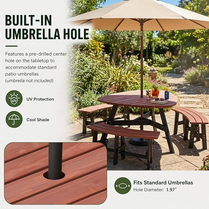 Wood Picnic Table with Benches &Umbrella Hole Elegant Triangle Outdoor Picnic Table for 3-6 People Reddish-Brown Tabletop and Black Legs for Backyard, Porch, Patio, Deck