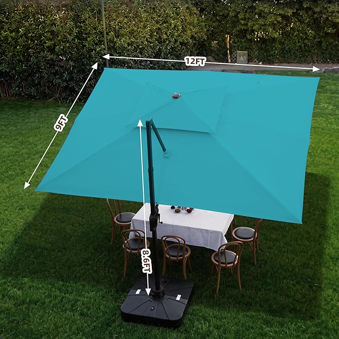 9 X 12 FT Cantilever Outdoor Patio Umbrella with Base Included Large Heavy Duty 360° Rotation Double Top Offset Rectangular Umbrellas with LED Lights for Backyard Outside Deck, Turquoise