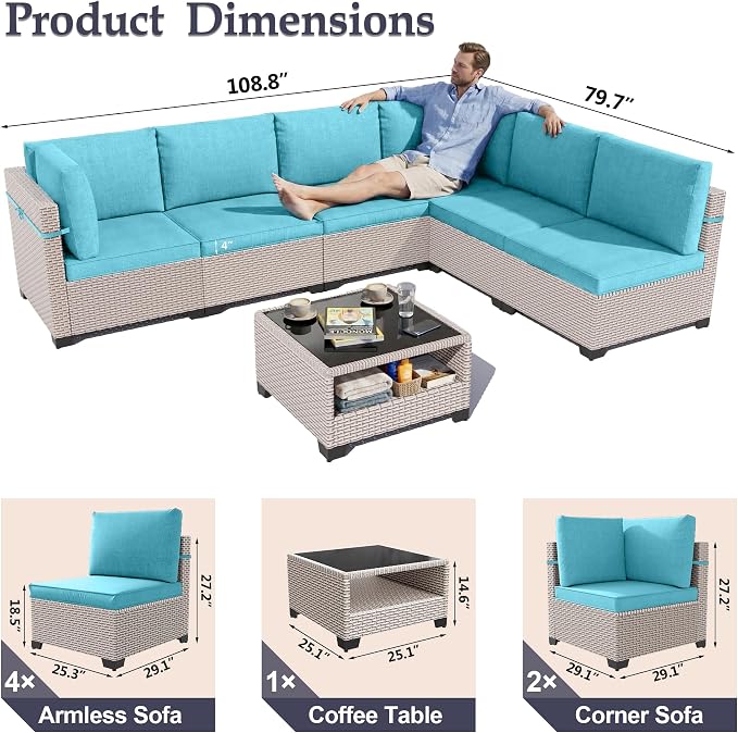 Patio Furniture Set, 7-Piece Outdoor Sectional Sofa with 2-Layer Glass Coffee Table, Wicker Patio Conversation Set with Cyan Cushions for Backyard, Poolside, Porch