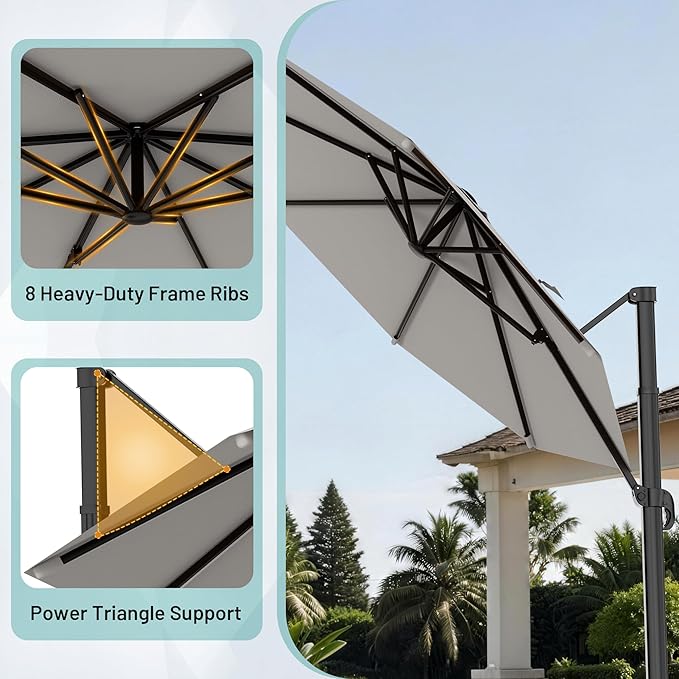 AreShark 11FT Round Cantilever Patio Umbrella with Base Included, 360° Rotation Offset Outdoor Umbrella, 5 Tilt Settings Heavy Duty Hanging Parasol for Deck Garden Pool, Light Grey