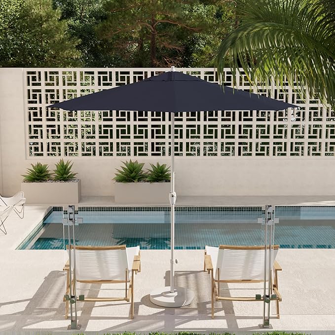 California Umbrella 12-Year Protection 9' Rd Aluminum Patio Umbrella, Crank Lift, Auto Tilt, White Finish, Sunbrella Indigo