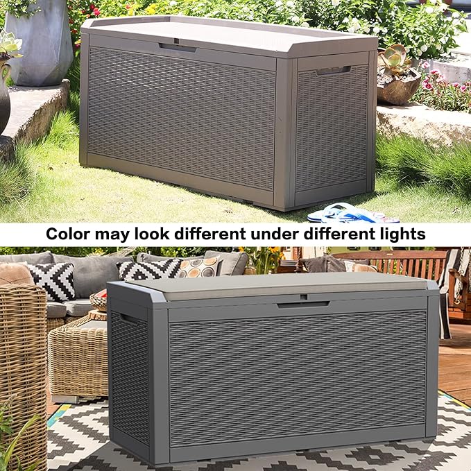 Modern-Depo 100 Gallon Deck Box Waterproof Outdoor Storage Bench | Polypropylene PP Pool Towel Storage Bin Porch Delivery Box with Seat Cushion, Gray