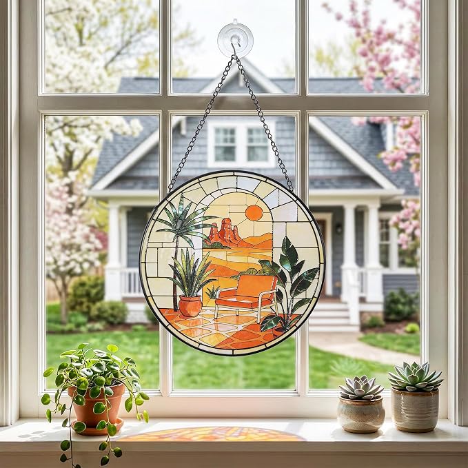 Stained Glass Window Hanging,20cm/7.87inch Desert Sunset Suncatcher with Chain Garden Diamond Glass Panel Hangings Decoration for Windows Home Decor Gifts for Family Friends Colleagues