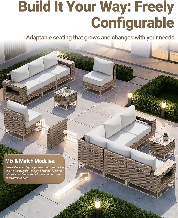 Outdoor Patio Furniture Set 12-Piece PE Rattan Wicker Outdoor Sectional Sofa with Thickened Cushions and Chunky Arms, Modern Modular L-Shaped Conversation Set for Garden, Backyard, White