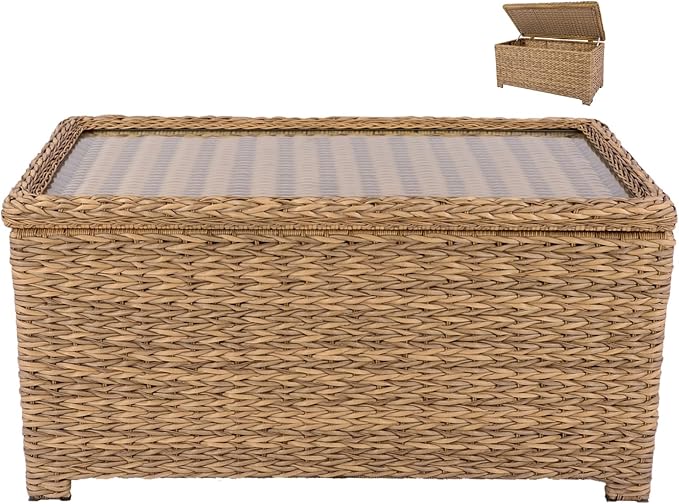 Laguna Point 40'' Outdoor Wicker Coffee Table w/Flip-Top Storage, HDPE Rattan Patio Center Table with Tempered Glass Top, Tan